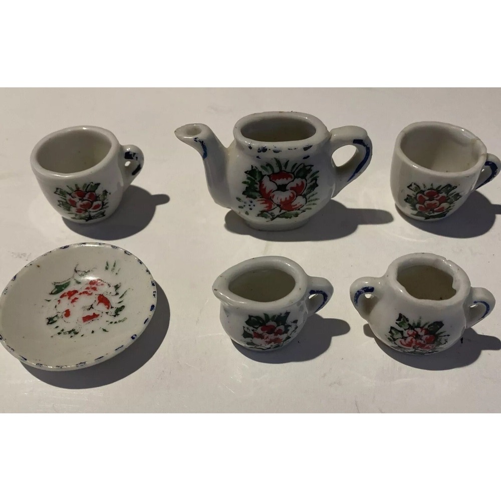 Antique Dollhouse Miniature Porcelain Tiny Tea Set-lot 6 Piece Japan Incomplete